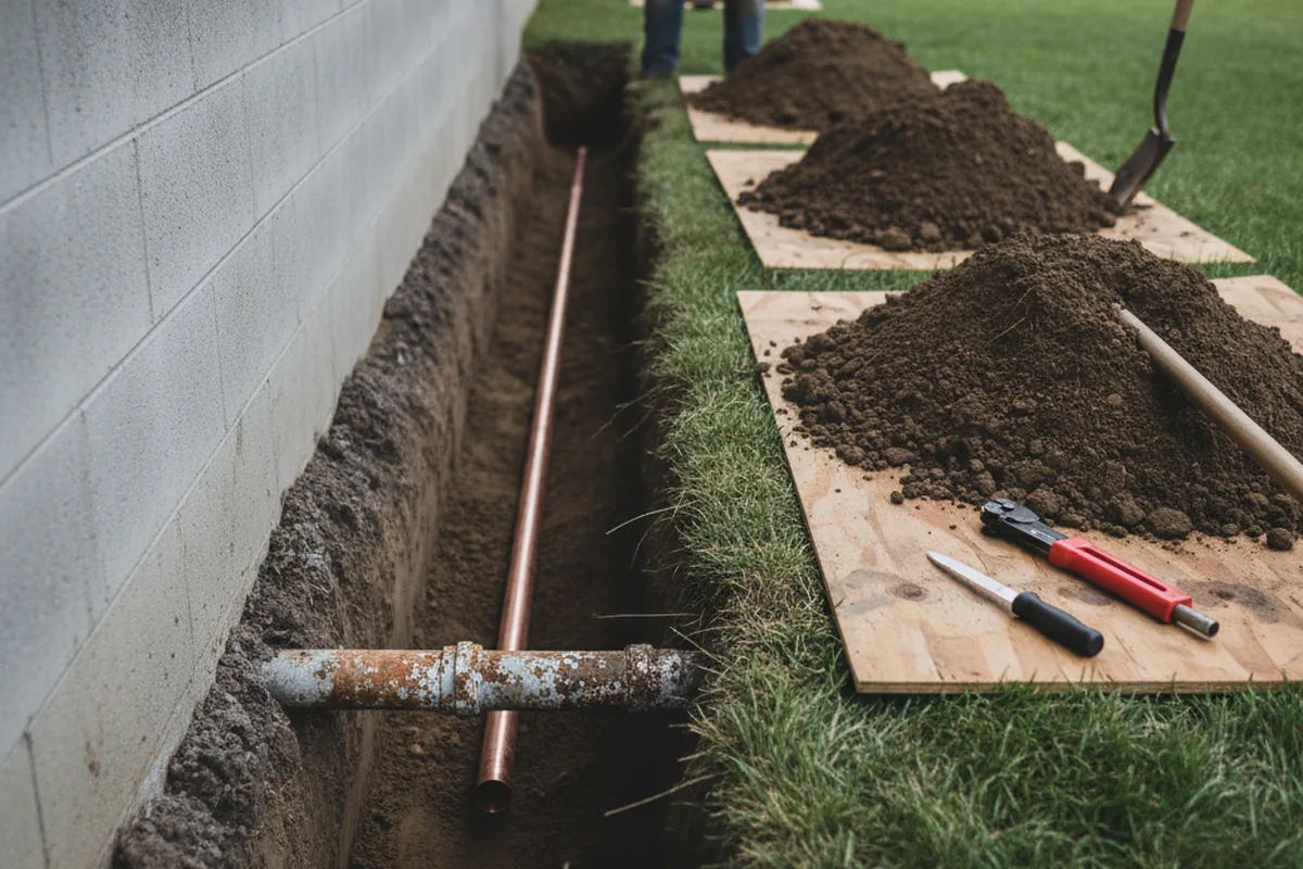 Excavated water line trench during Water Softener Installation in Quinebaug